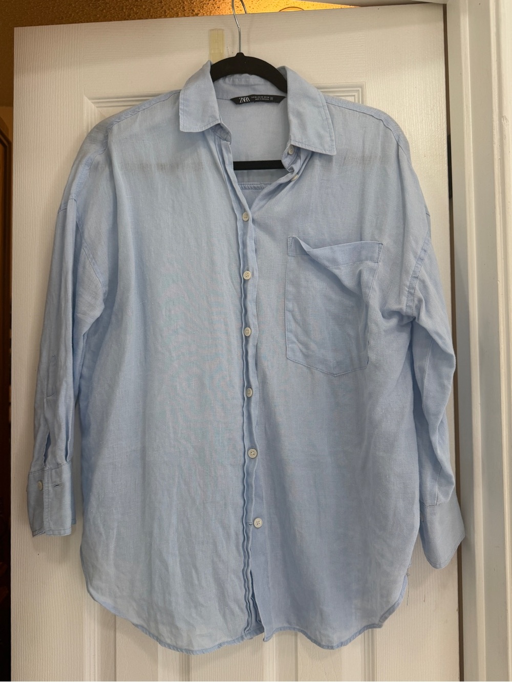 Zara Linen Pale Blue Casual Button-Down Shirt